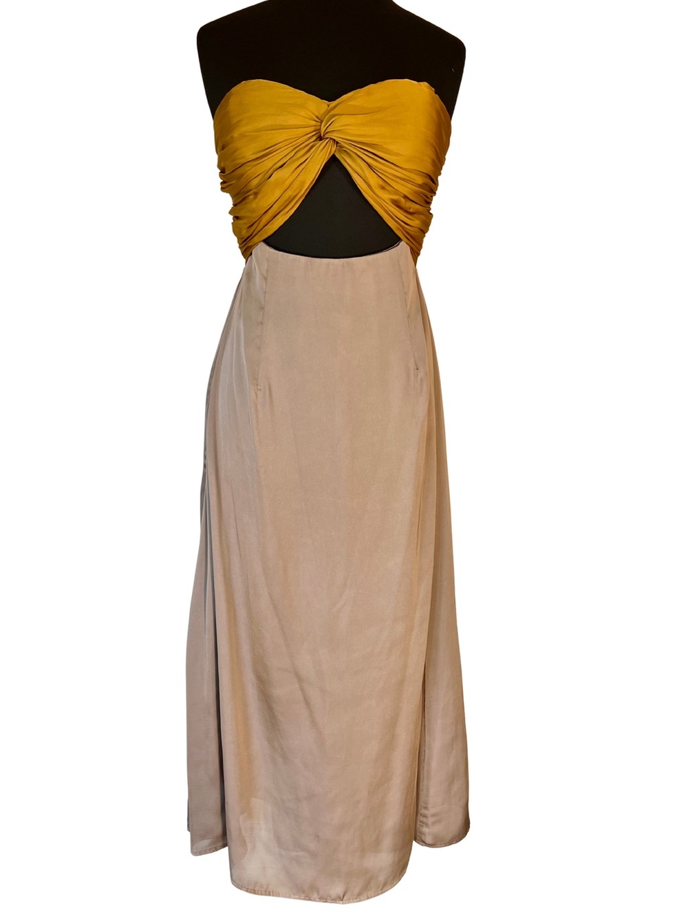 ISH Strapless Midi Dress Front Cut Out in Mustard and Taupe